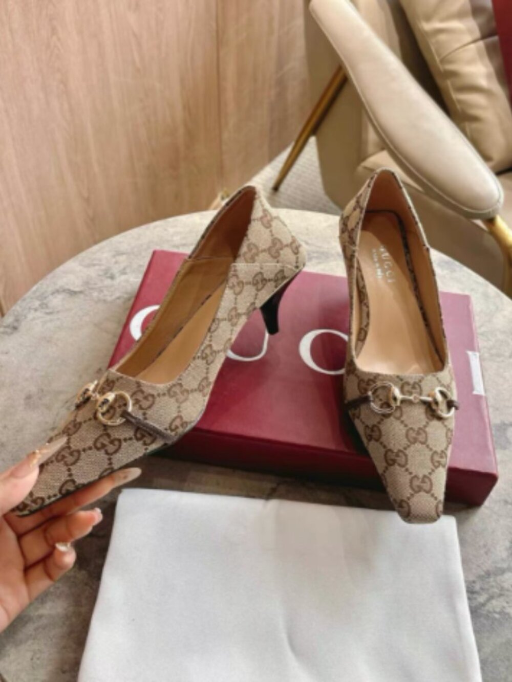 Gucci GG Canvas Horsebit Square-Toe Pumps
